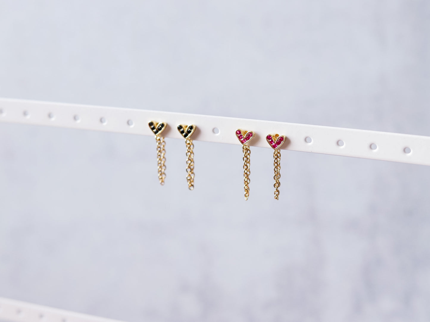 Rhinestone Heart Stud Earrings with Chain