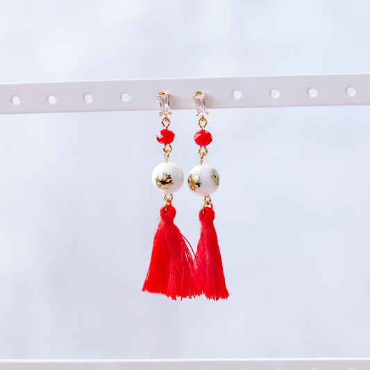 Red & Gold Snowflake Tassel Earrings