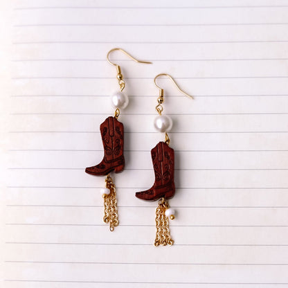 Wood Cowboy Boots Earrings