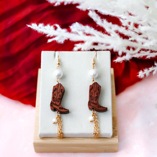 Wood Cowboy Boots Earrings