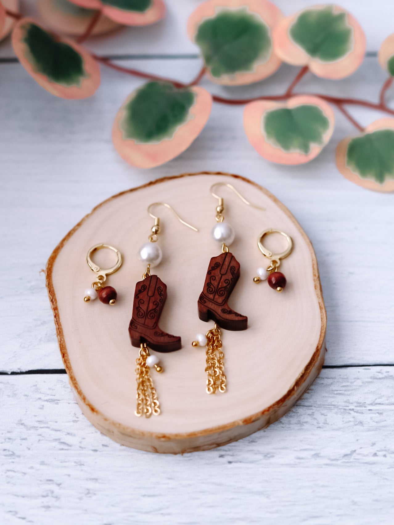 Wood Cowboy Boots Earrings